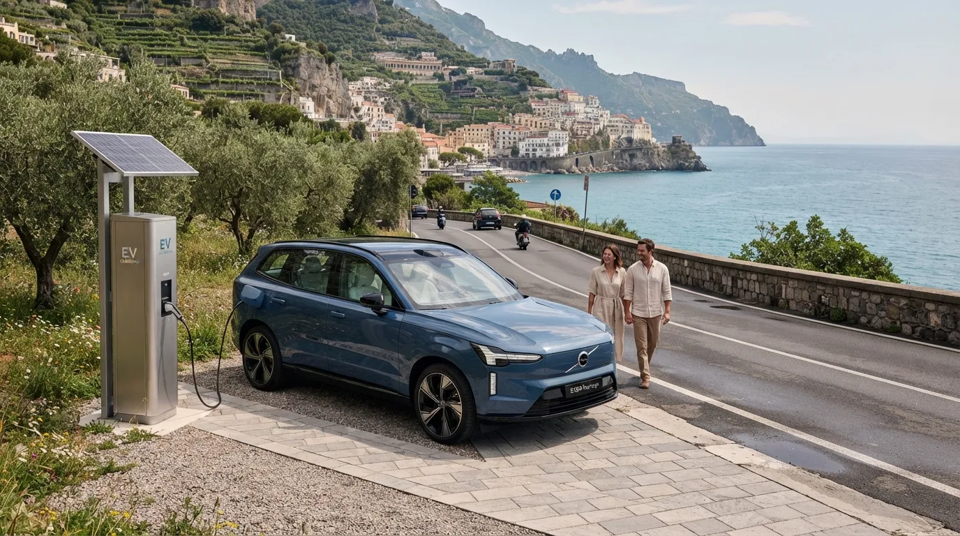 Auto elettrica moderna in ricarica sulla costa panoramica italiana